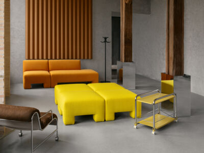 Lammhults_Geofanti_modularseating_orange_yellow_Tenstion_trolley_chrome_yellow_Sunny_armchair_chrome_brown_e01.jpg